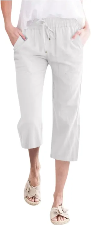 Capri Pants for Women Cotton Linen Casual Summer 2025 Wide Leg Loose Drawstring Elastic Waist Cropped Trousers