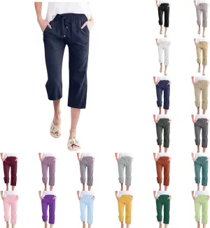 Capri Pants for Women Cotton Linen Casual Summer 2025 Wide Leg Loose Drawstring Elastic Waist Cropped Trousers