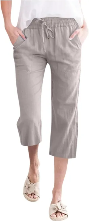 Capri Pants for Women Cotton Linen Casual Summer 2025 Wide Leg Loose Drawstring Elastic Waist Cropped Trousers