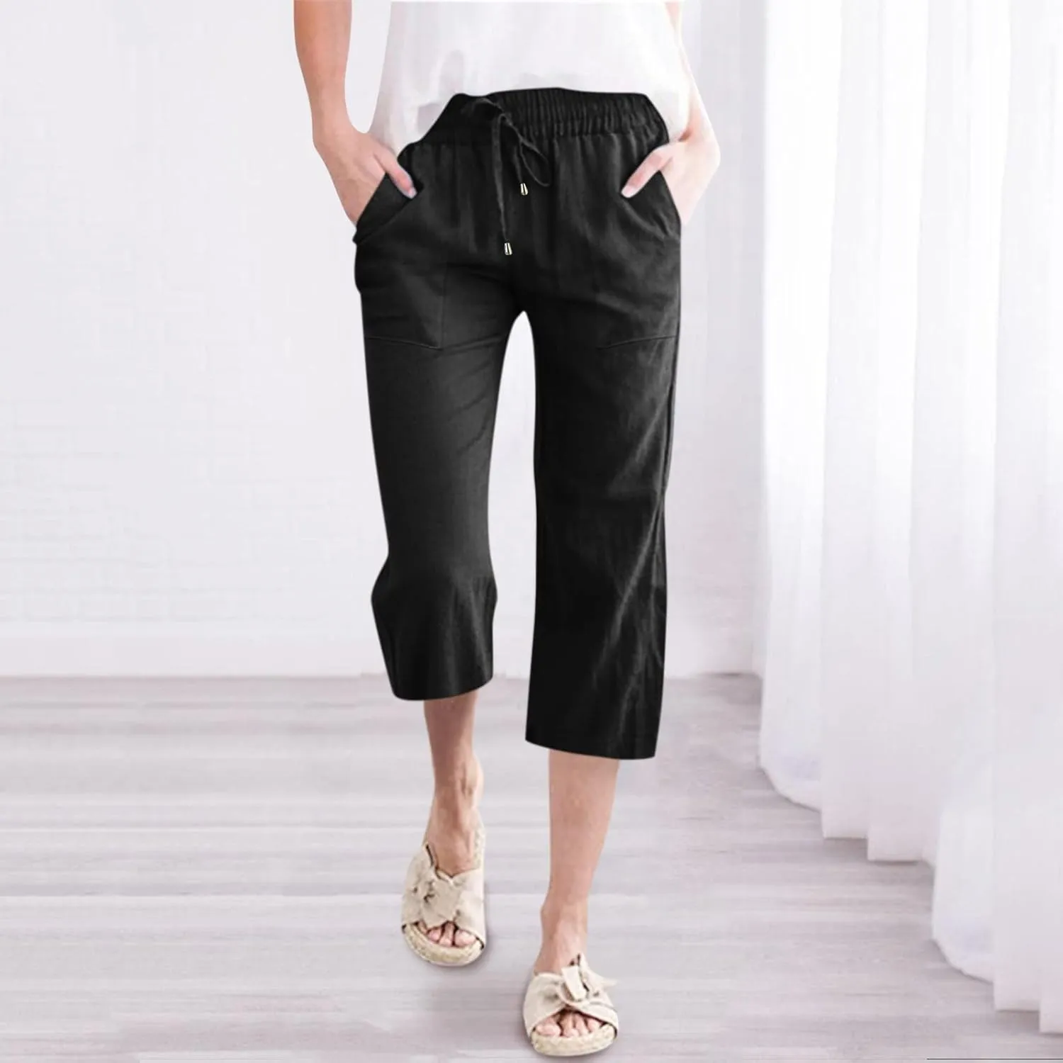 Capri Pants for Women Cotton Linen Casual Summer 2025 Wide Leg Loose Drawstring Elastic Waist Cropped Trousers