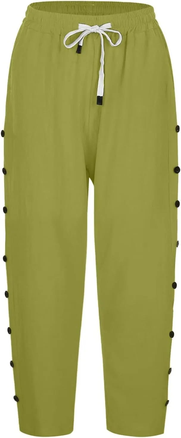 Capri Pants for Women Summer High Waist Elastic Straight Leg Lounge Pant Lightweight Side Button Beach Trousers