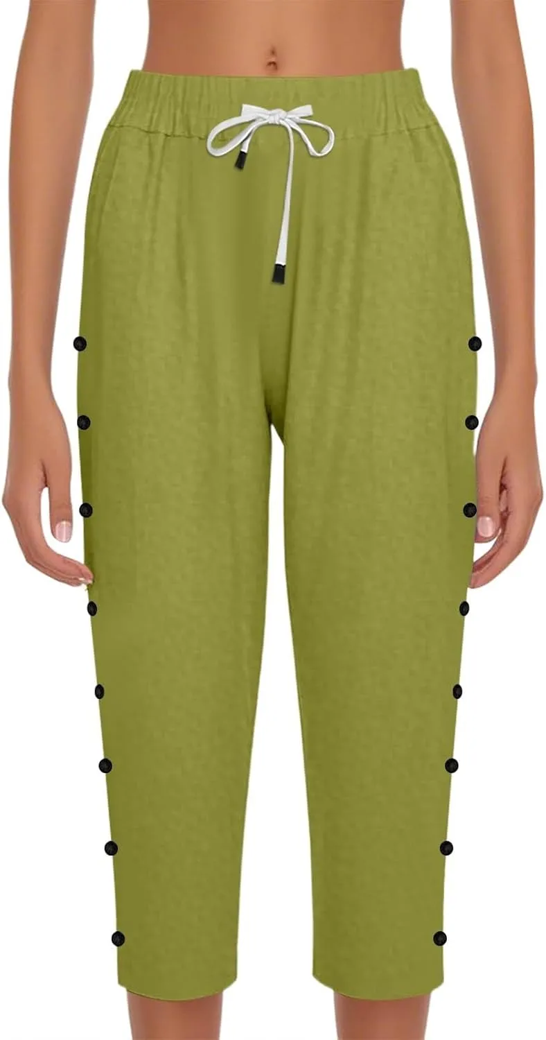 Capri Pants for Women Summer High Waist Elastic Straight Leg Lounge Pant Lightweight Side Button Beach Trousers