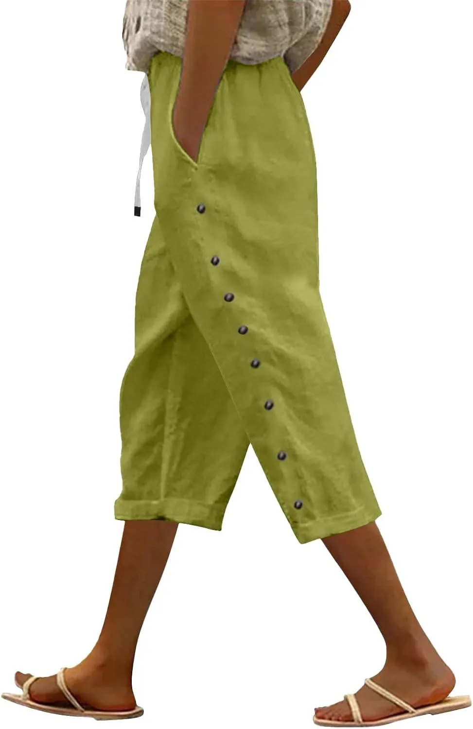 Capri Pants for Women Summer High Waist Elastic Straight Leg Lounge Pant Lightweight Side Button Beach Trousers