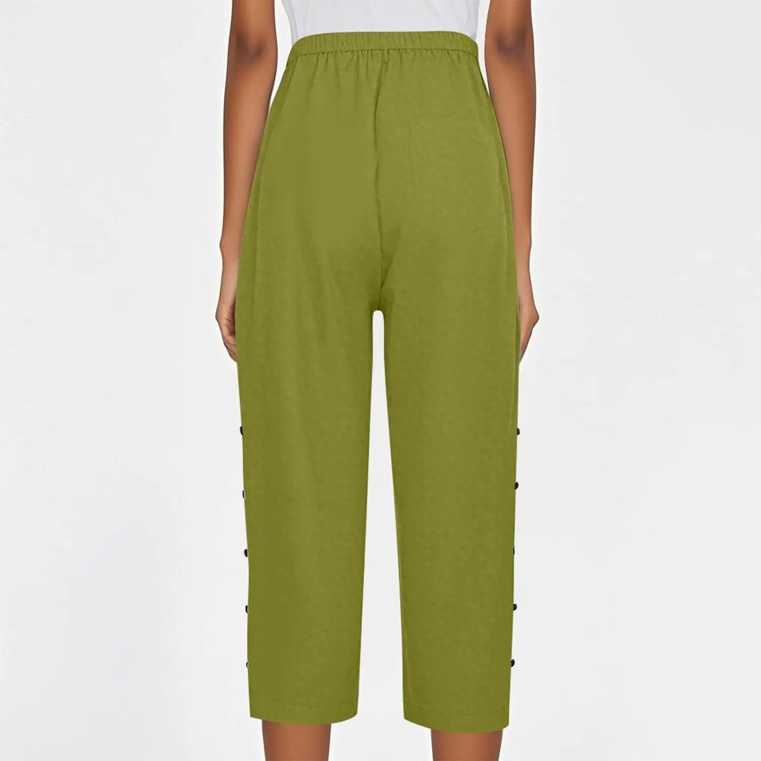 Capri Pants for Women Summer High Waist Elastic Straight Leg Lounge Pant Lightweight Side Button Beach Trousers