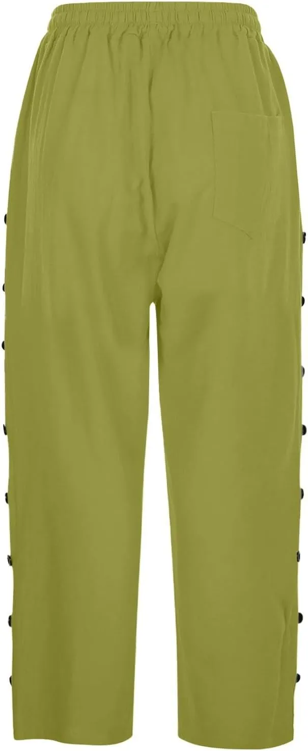 Capri Pants for Women Summer High Waist Elastic Straight Leg Lounge Pant Lightweight Side Button Beach Trousers