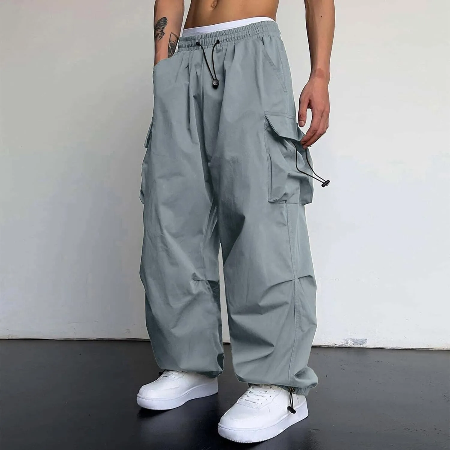 Cargo Pant for Men Casual Work Pant Elastic Waist Drawstring Cotton Track Pants with Multiple Pockets