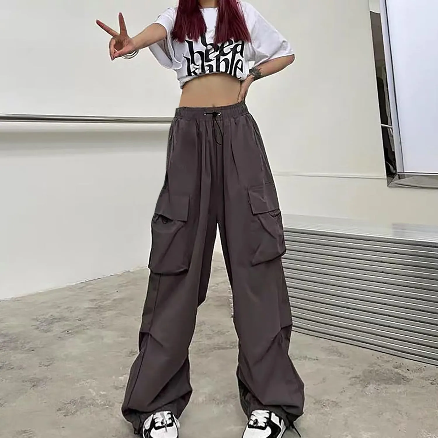 Cargo Pants Women Casual Pants Elastic High Waist Trendy Loose Fit Trouser Pocket Baggy Hiking Y2K Streetwear Clothes