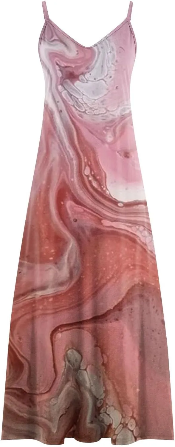 Ceboyel Maxi Sundresses for Women 2023 Marble Print Maxi Long Dress Spaghetti Strap Summer Dresses Trendy Beach Outfits