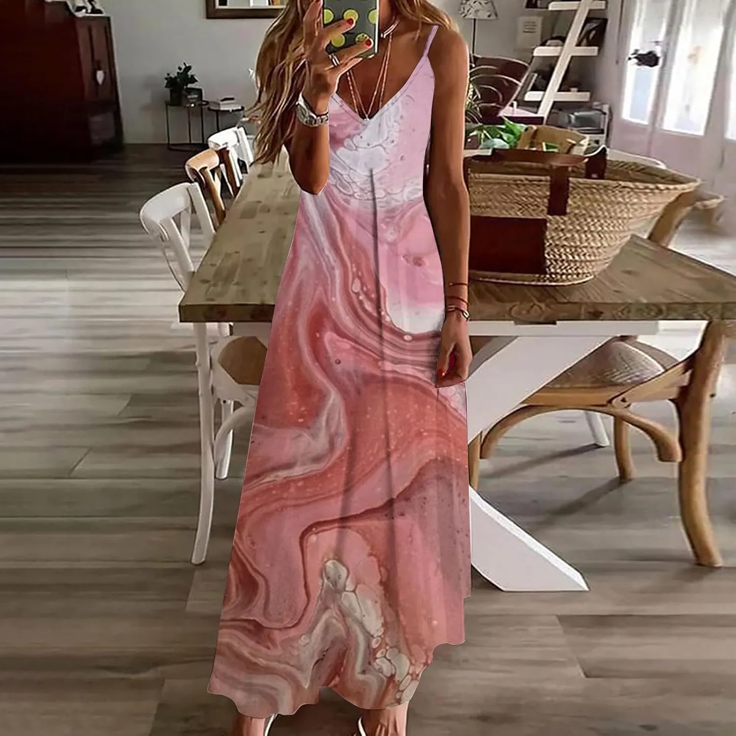 Ceboyel Maxi Sundresses for Women 2023 Marble Print Maxi Long Dress Spaghetti Strap Summer Dresses Trendy Beach Outfits