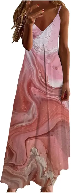 Ceboyel Maxi Sundresses for Women 2023 Marble Print Maxi Long Dress Spaghetti Strap Summer Dresses Trendy Beach Outfits