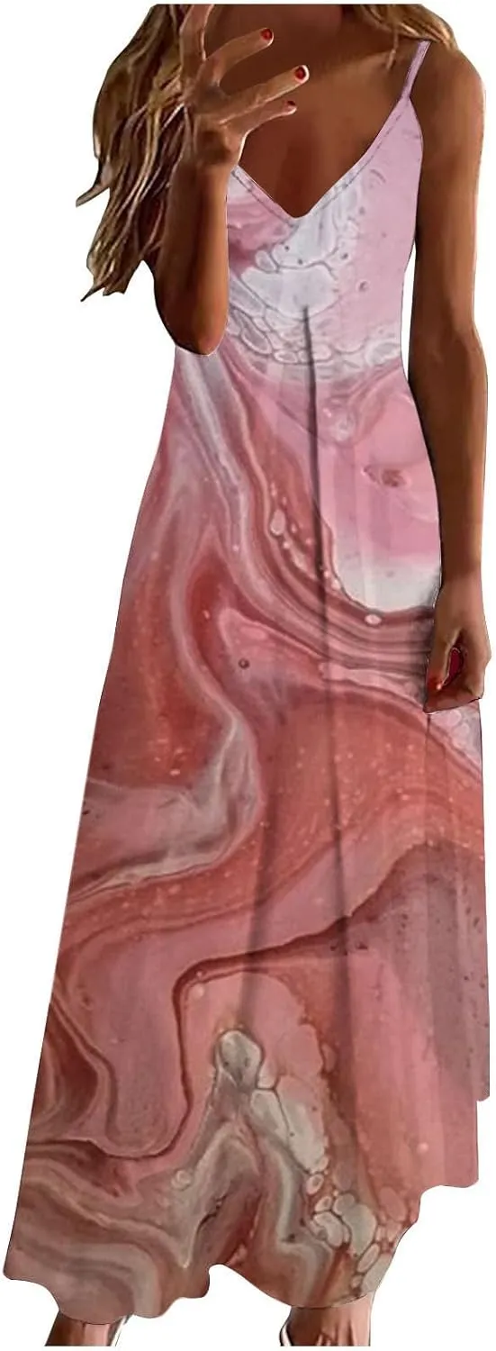 Ceboyel Maxi Sundresses for Women 2023 Marble Print Maxi Long Dress Spaghetti Strap Summer Dresses Trendy Beach Outfits