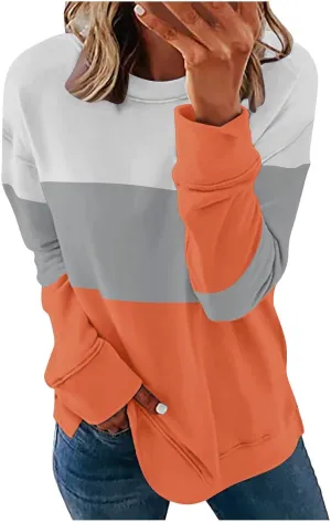 Ceboyel Women Crewneck Sweatshirts 2023 Color Block Pullover Long Sleeve Shirts Loose Fit Fall Fashion Clothing