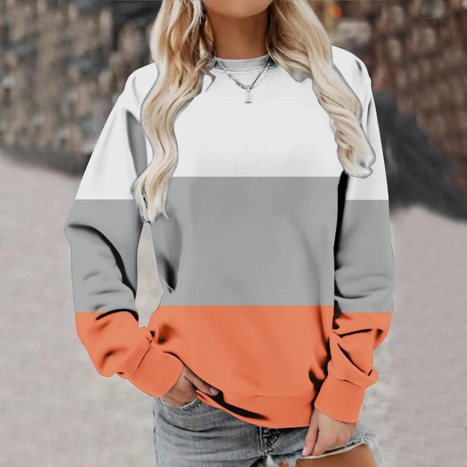 Ceboyel Women Crewneck Sweatshirts 2023 Color Block Pullover Long Sleeve Shirts Loose Fit Fall Fashion Clothing