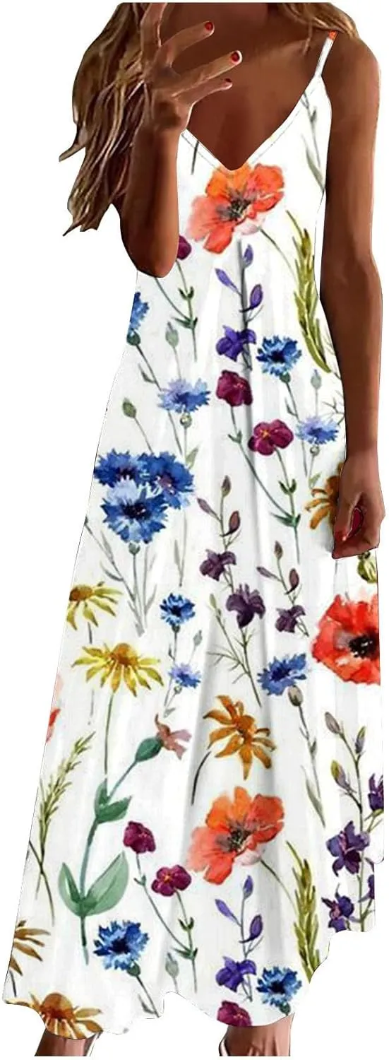 Ceboyel Women Floral Spaghetti Strap Sundress Casual Summer Long Maxi Dress Vneck Sexy Boho Dresses Trendy Beach Clothes 2024