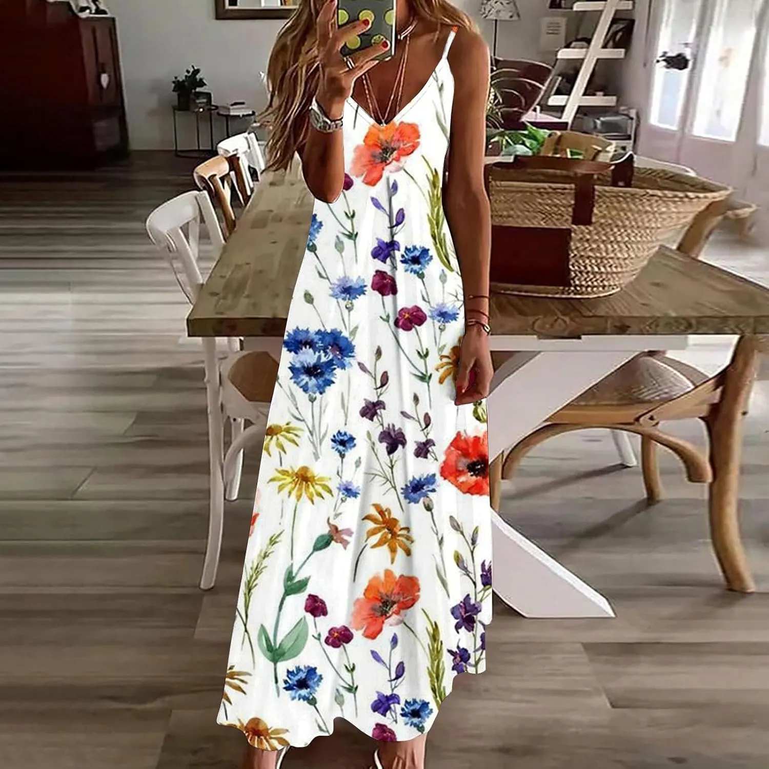 Ceboyel Women Floral Spaghetti Strap Sundress Casual Summer Long Maxi Dress Vneck Sexy Boho Dresses Trendy Beach Clothes 2024