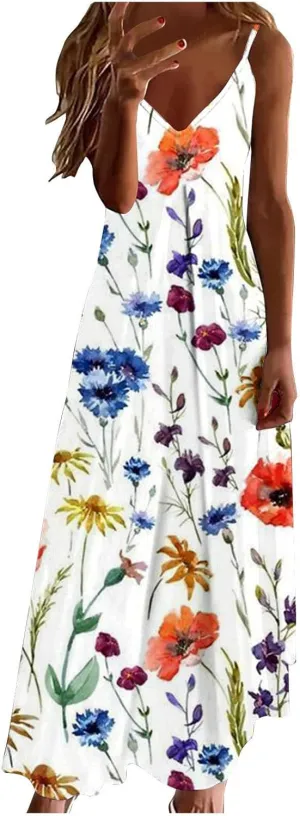 Ceboyel Women Floral Spaghetti Strap Sundress Casual Summer Long Maxi Dress Vneck Sexy Boho Dresses Trendy Beach Clothes 2024