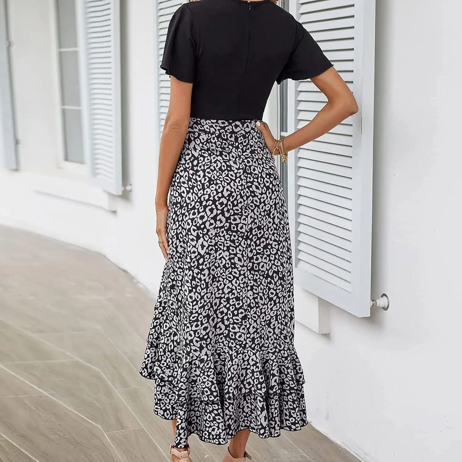 Ceboyel Women High Low Ruffle Spring Dresses Floral Causal Maxi Dress Short Sleeve Long Dresses Teacher Summer Clothing 2023