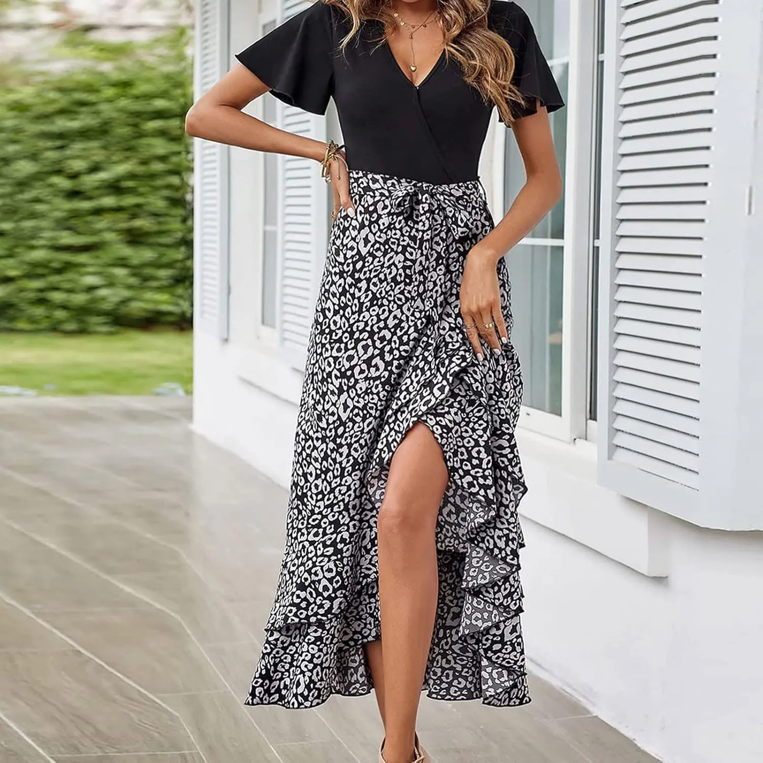 Ceboyel Women High Low Ruffle Spring Dresses Floral Causal Maxi Dress Short Sleeve Long Dresses Teacher Summer Clothing 2023