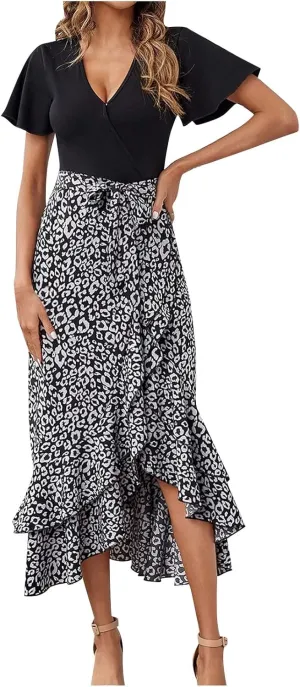 Ceboyel Women High Low Ruffle Spring Dresses Floral Causal Maxi Dress Short Sleeve Long Dresses Teacher Summer Clothing 2023