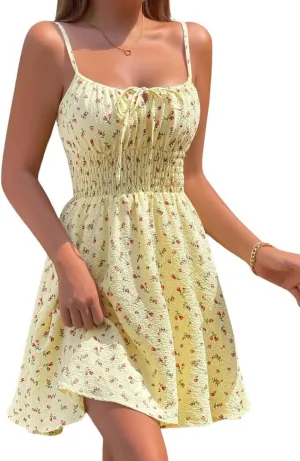 CHARTOU Women Floral Boho Spaghetti Strap Sundress Sleeveless Smocked A Line Mini Dress