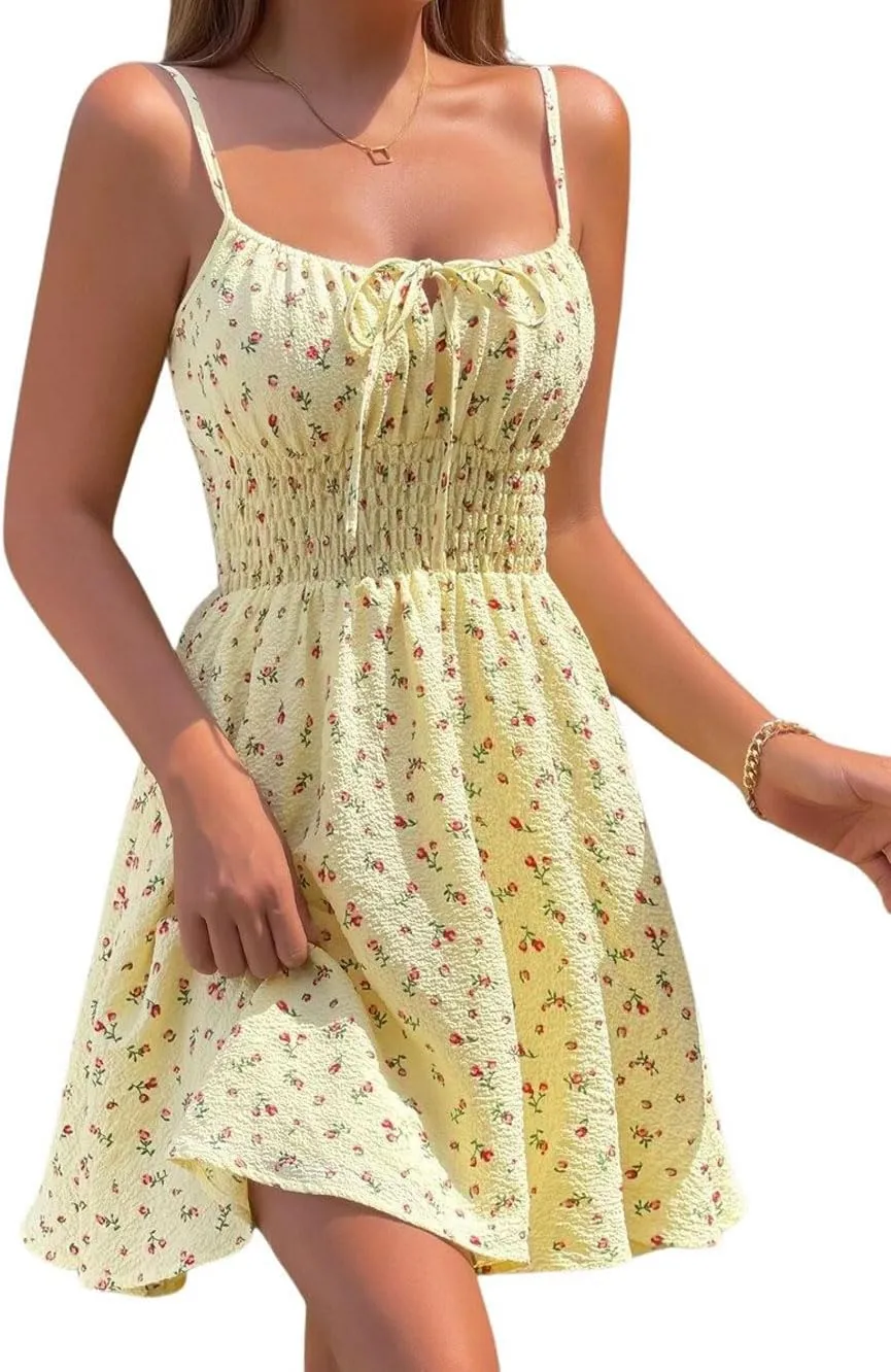 CHARTOU Women Floral Boho Spaghetti Strap Sundress Sleeveless Smocked A Line Mini Dress