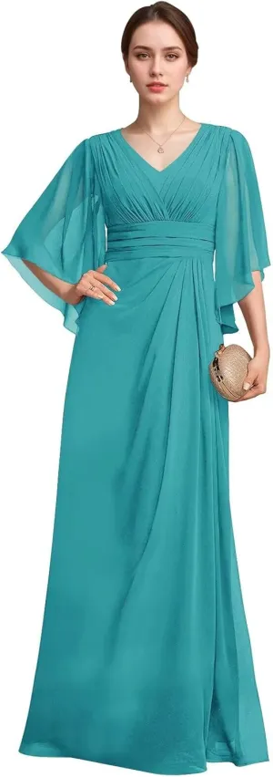 Chiffon Mother of The Bride Dress A Line Puffy Sleeve Wedding Guest Gown Long Formal Bridesmaid Dresses