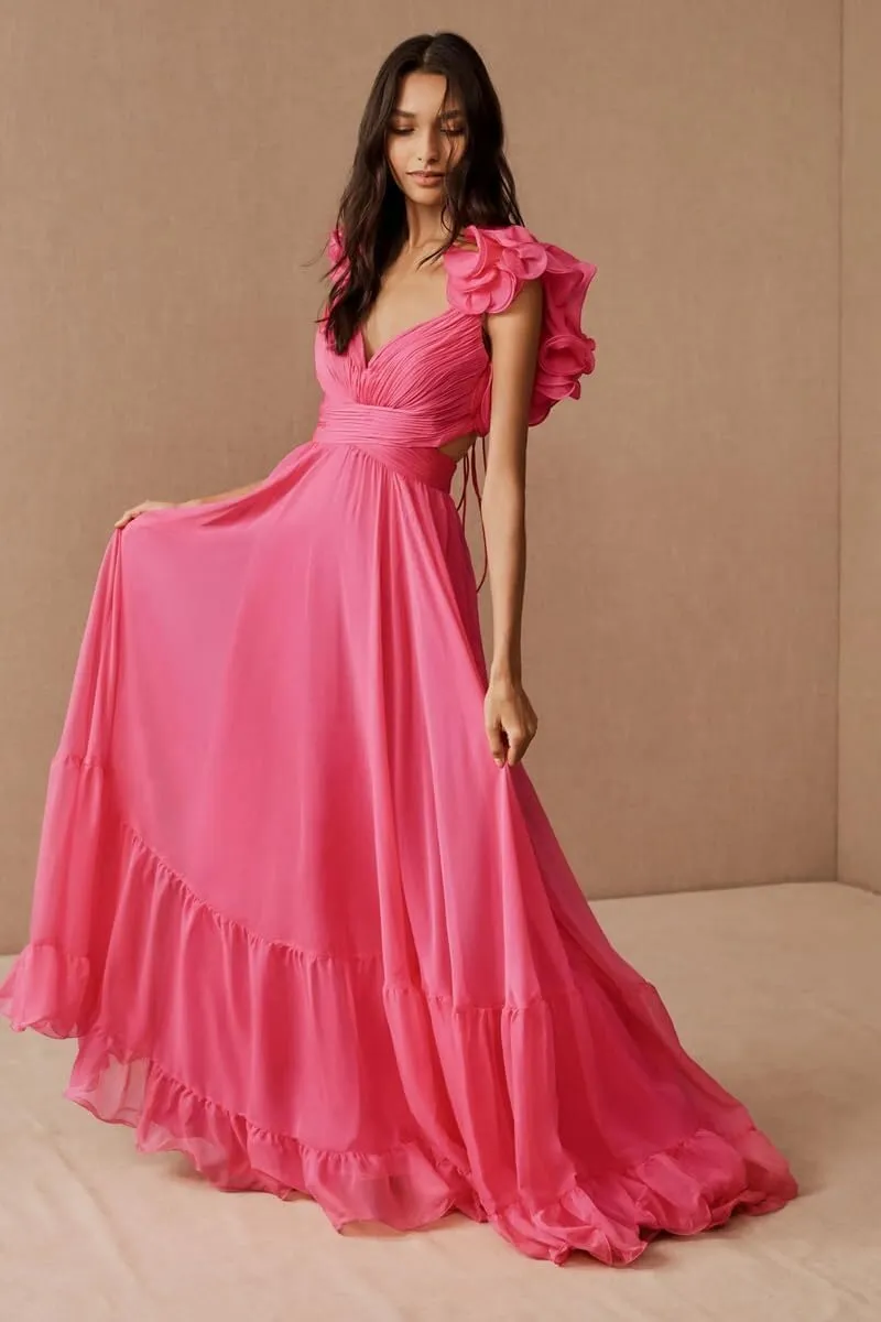 Chiffon Prom Dress for Women A Line Ruffle Bridesmaid Dresses Tiered Backless Formal Evening Gowns BU049