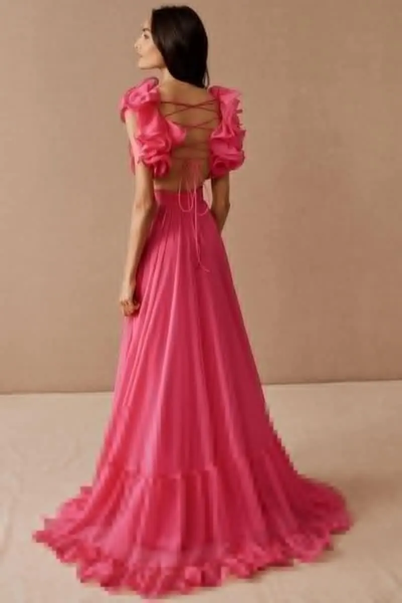 Chiffon Prom Dress for Women A Line Ruffle Bridesmaid Dresses Tiered Backless Formal Evening Gowns BU049