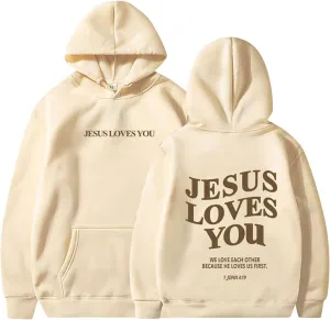 Christian Hoodies for Women Girls Jesus Loves You Letter Graphic Oversized Long Sleeve Pockets Bible Verse Hooded Sweatshirts