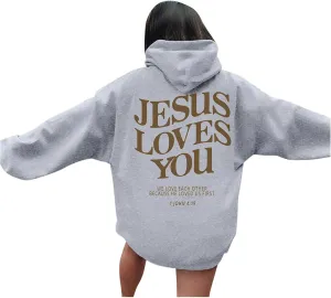 Christian Hoodies for Women Girls Jesus Loves You Letter Graphic Oversized Long Sleeve Pockets Bible Verse Hooded Sweatshirts