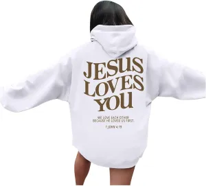 Christian Hoodies for Women Girls Jesus Loves You Letter Graphic Oversized Long Sleeve Pockets Bible Verse Hooded Sweatshirts