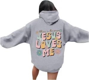 Christian Hoodies for Women Jesus Loves You Bible Verse Letter Graphic Oversized Y2K Hooded Long Sleeve Pockets Sweatshirts