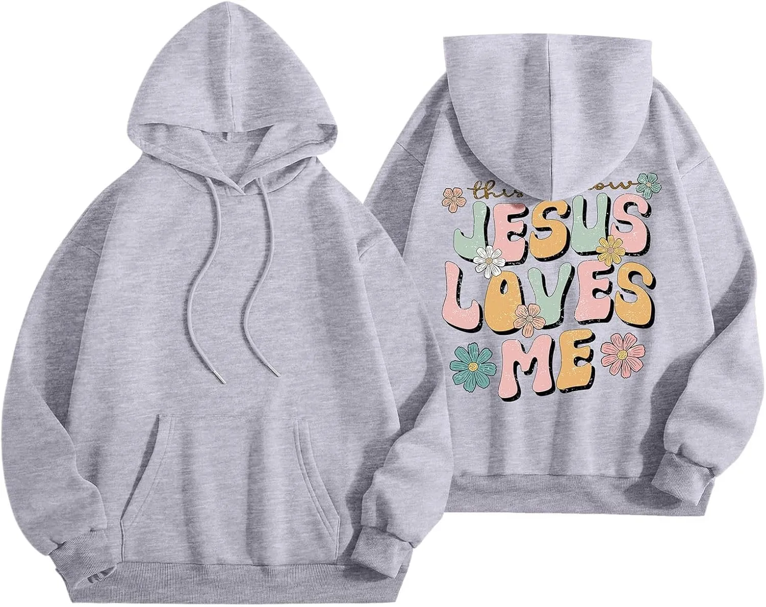 Christian Hoodies for Women Jesus Loves You Bible Verse Letter Graphic Oversized Y2K Hooded Long Sleeve Pockets Sweatshirts