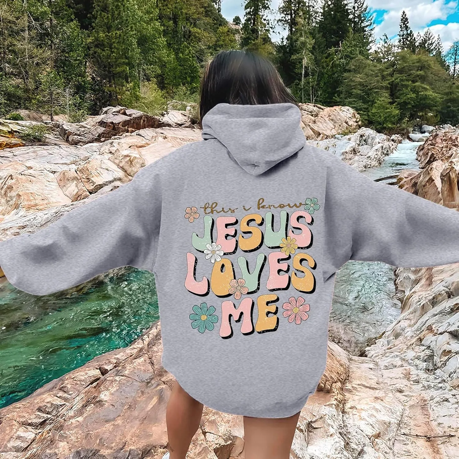 Christian Hoodies for Women Jesus Loves You Bible Verse Letter Graphic Oversized Y2K Hooded Long Sleeve Pockets Sweatshirts