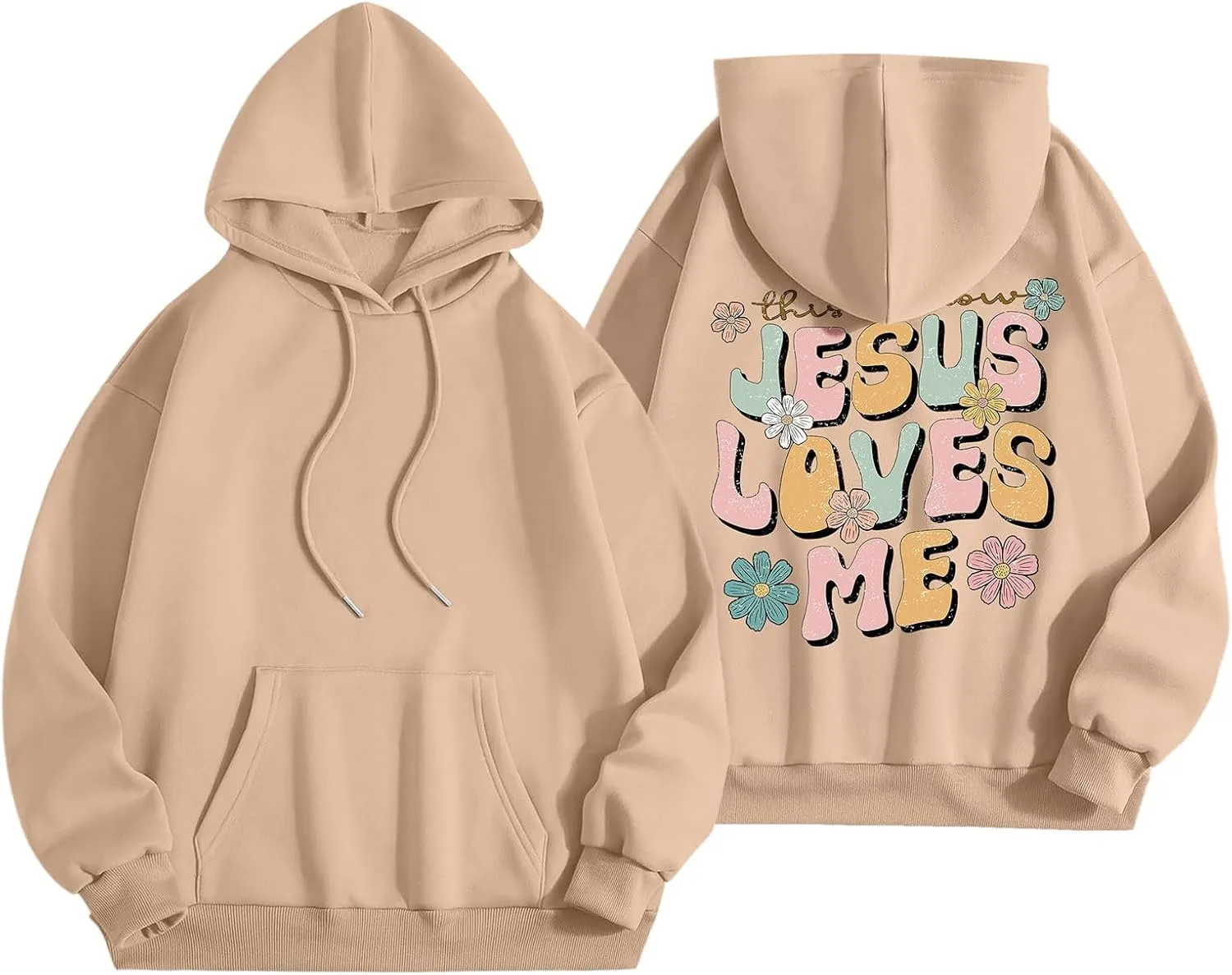 Christian Hoodies for Women Jesus Loves You Bible Verse Letter Graphic Oversized Y2K Hooded Long Sleeve Pockets Sweatshirts