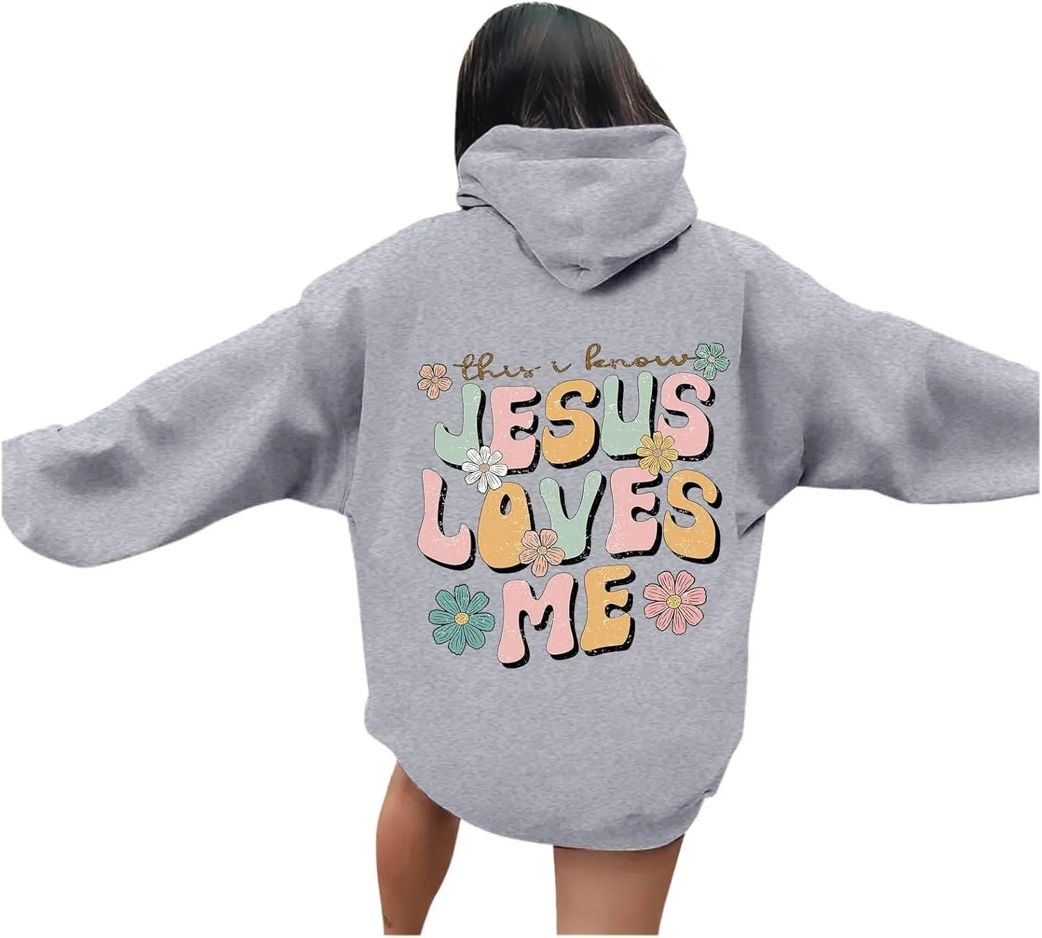 Christian Hoodies for Women Jesus Loves You Bible Verse Letter Graphic Oversized Y2K Hooded Long Sleeve Pockets Sweatshirts
