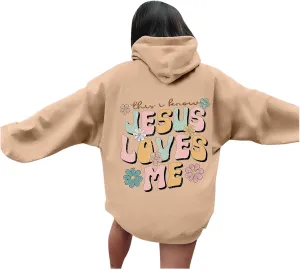 Christian Hoodies for Women Jesus Loves You Bible Verse Letter Graphic Oversized Y2K Hooded Long Sleeve Pockets Sweatshirts