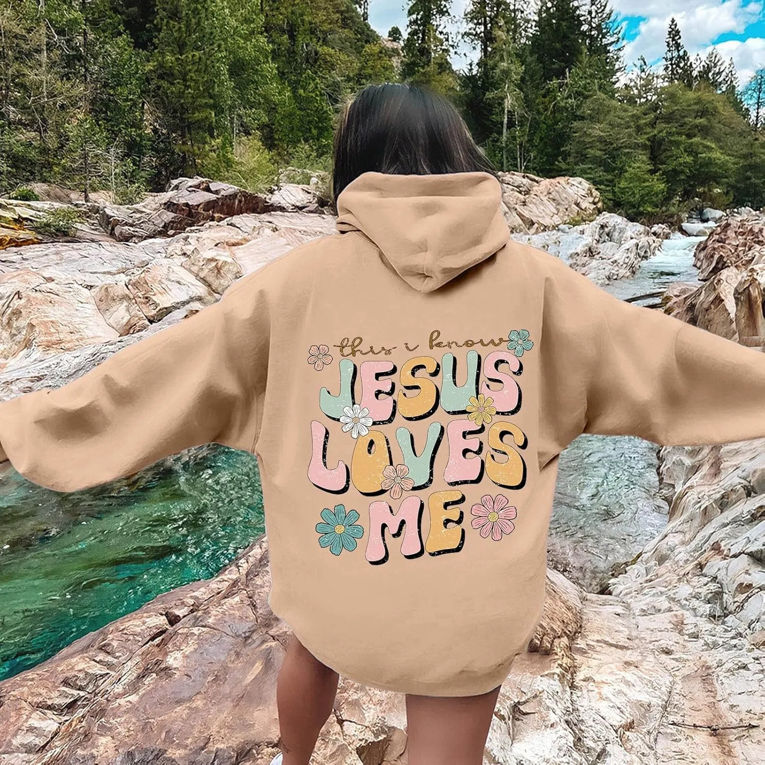 Christian Hoodies for Women Jesus Loves You Bible Verse Letter Graphic Oversized Y2K Hooded Long Sleeve Pockets Sweatshirts