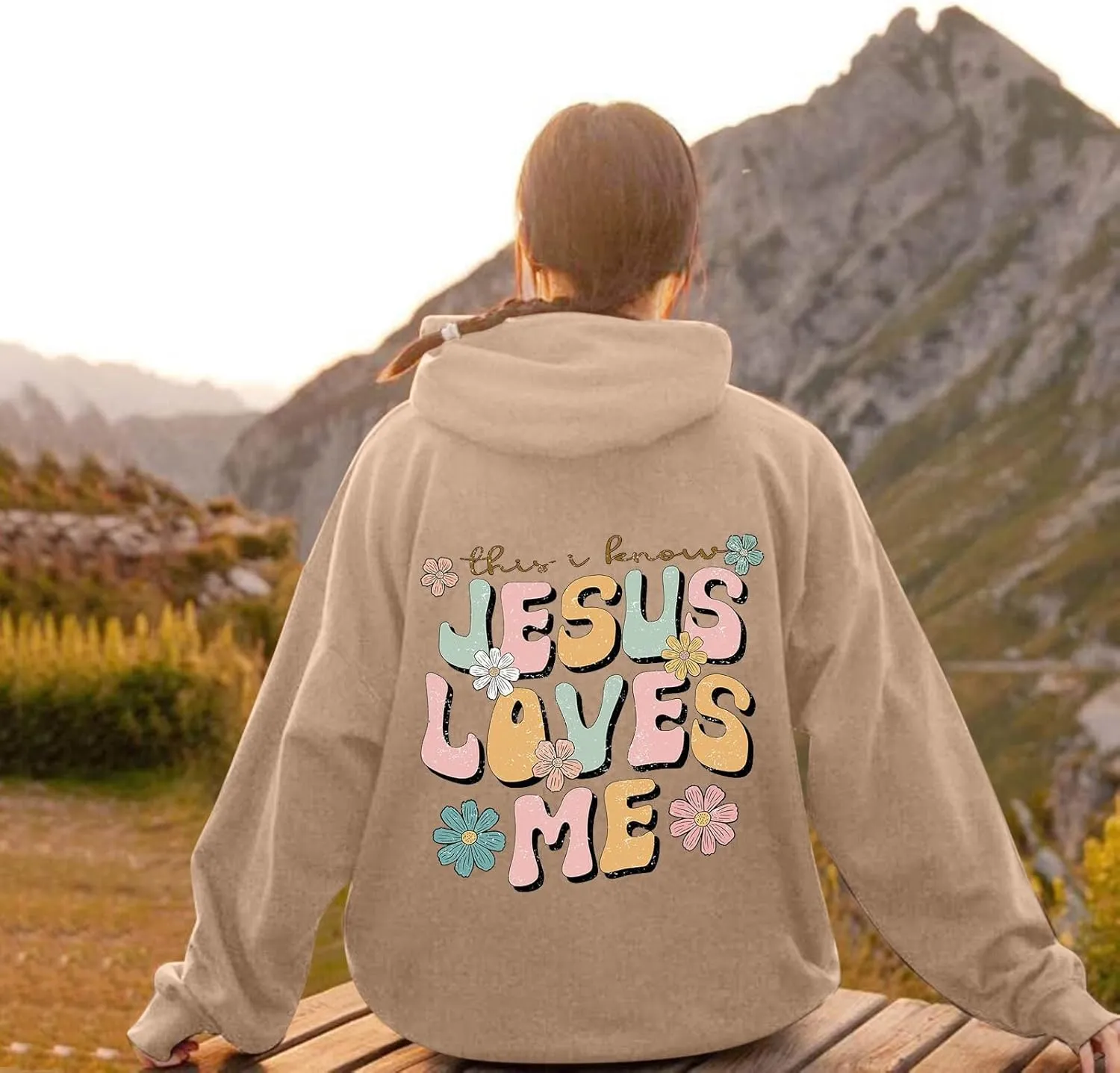 Christian Hoodies for Women Jesus Loves You Bible Verse Letter Graphic Oversized Y2K Hooded Long Sleeve Pockets Sweatshirts