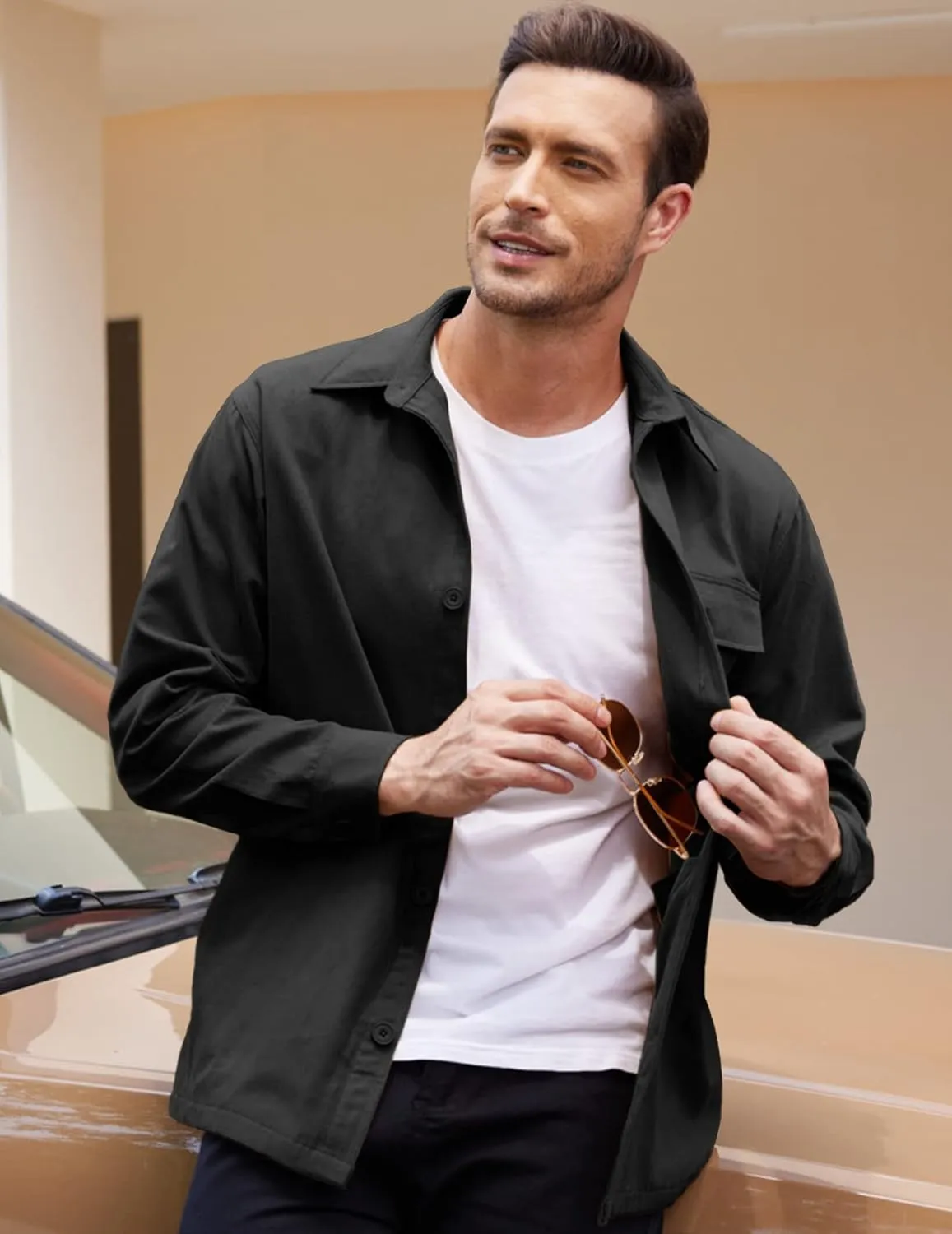 COOFANDY Men's Shirt Jacket Lightweight Canvas Trucker Jacket Cotton Button Work Jackets