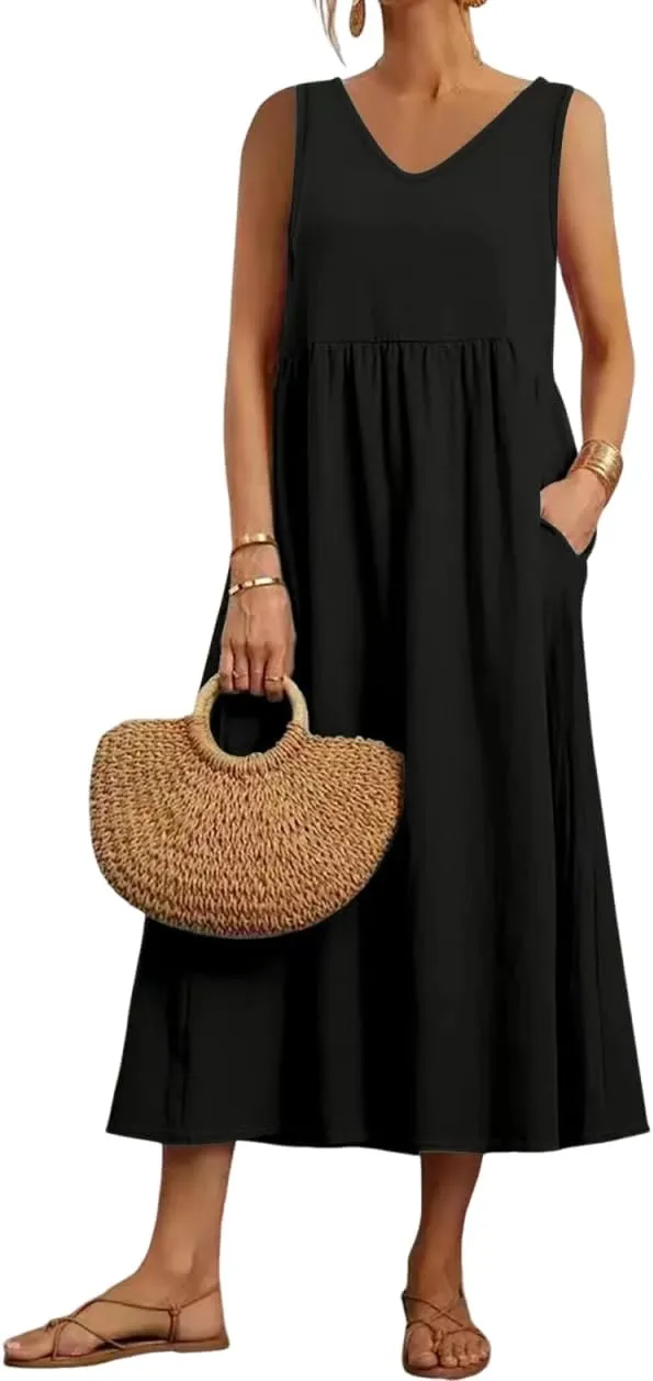Costaric Cotton Dress for Women 2025 Summer Cotton Linen 3/4 Sleeve Midi Dress Casual Loose Beach Dress with Pockets