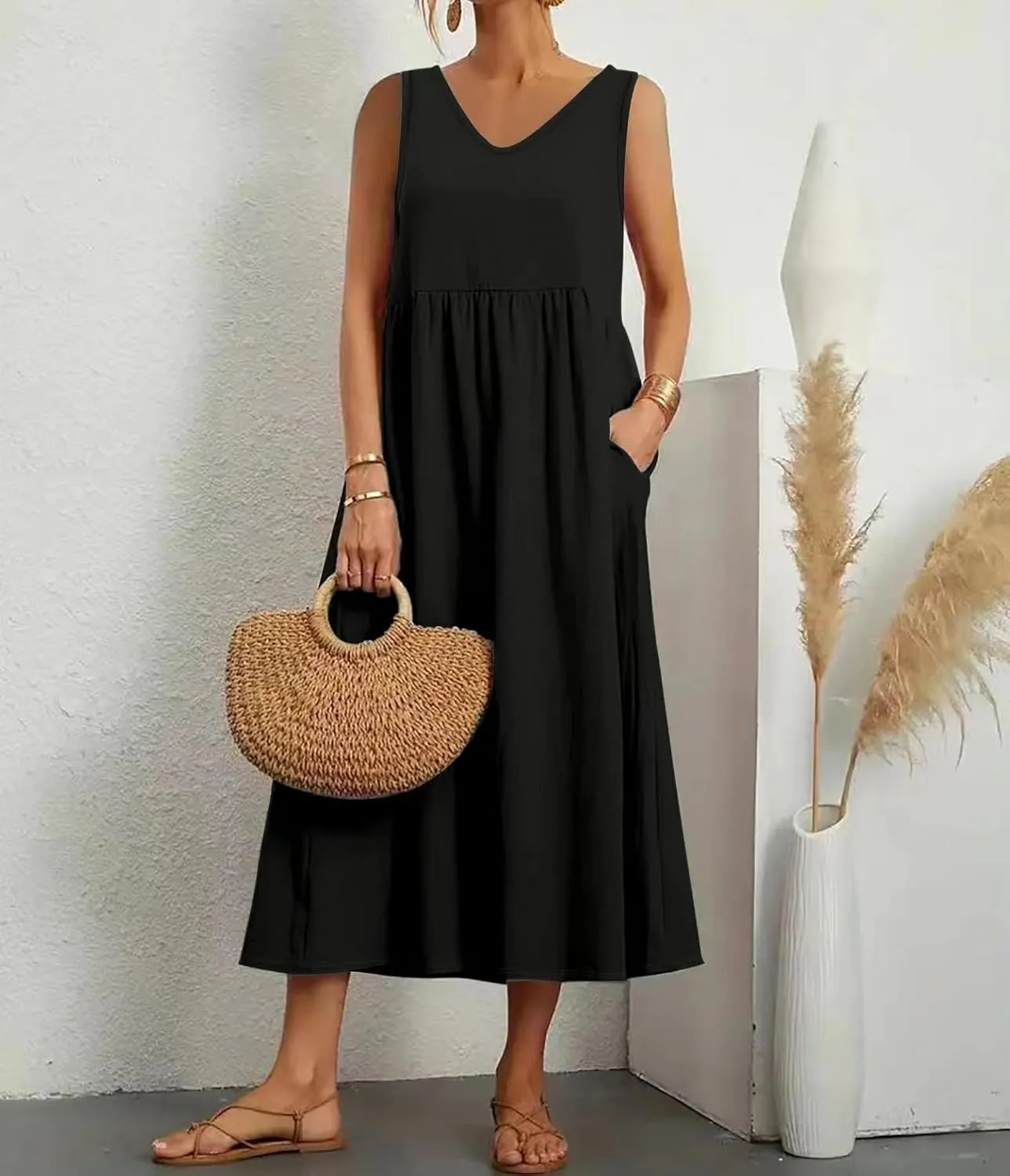 Costaric Cotton Dress for Women 2025 Summer Cotton Linen 3/4 Sleeve Midi Dress Casual Loose Beach Dress with Pockets