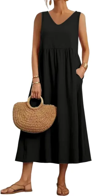 Costaric Cotton Dress for Women 2025 Summer Cotton Linen 3/4 Sleeve Midi Dress Casual Loose Beach Dress with Pockets