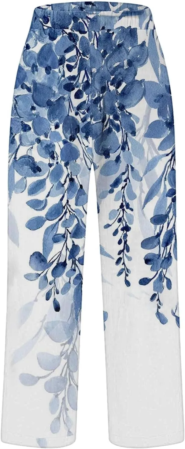 Cotton Linen Floral Cropped Pants for Women Summer Elastic Waist Straight Wide Leg Boho Beach Trouser with Pockets