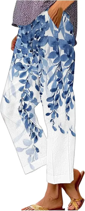 Cotton Linen Floral Cropped Pants for Women Summer Elastic Waist Straight Wide Leg Boho Beach Trouser with Pockets