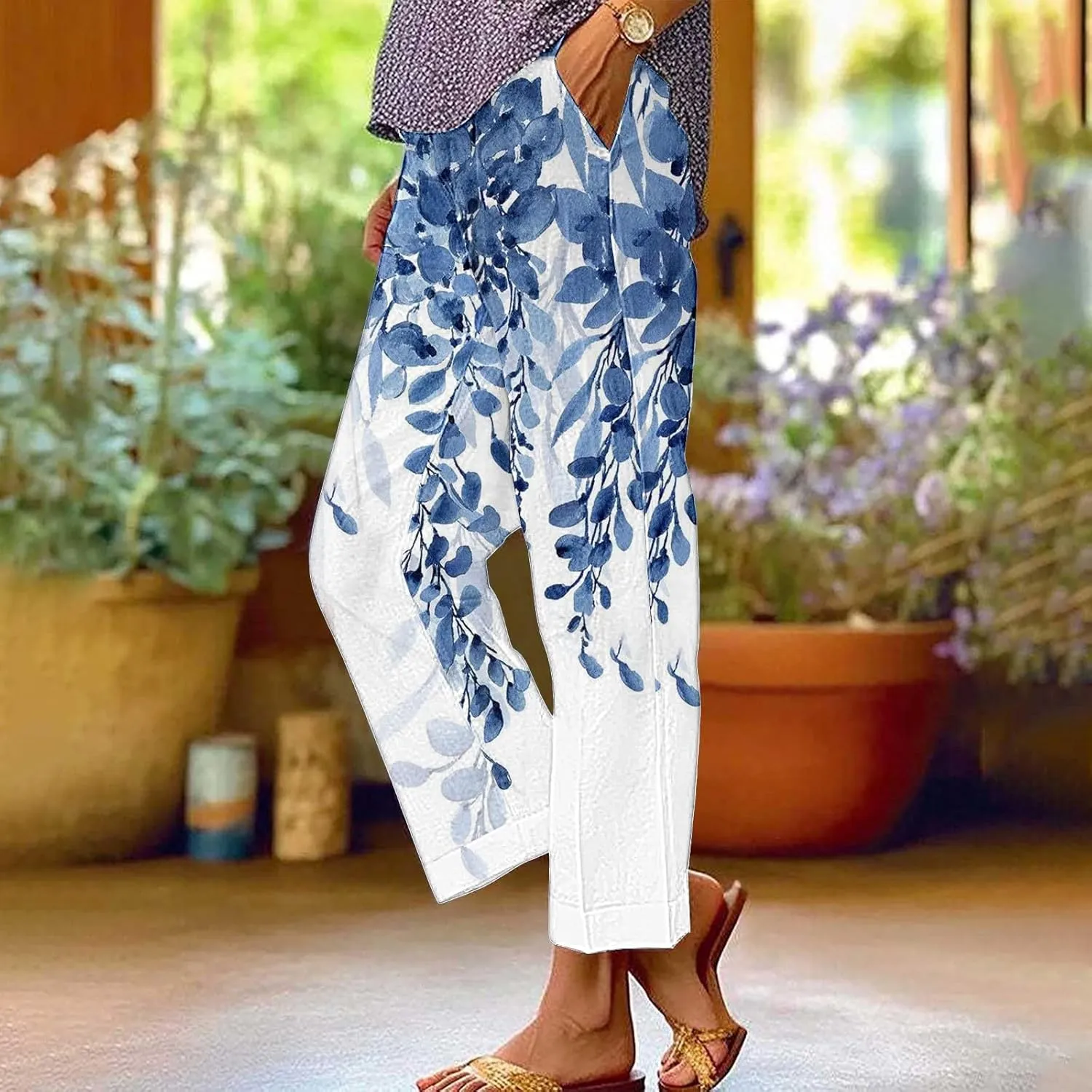 Cotton Linen Floral Cropped Pants for Women Summer Elastic Waist Straight Wide Leg Boho Beach Trouser with Pockets