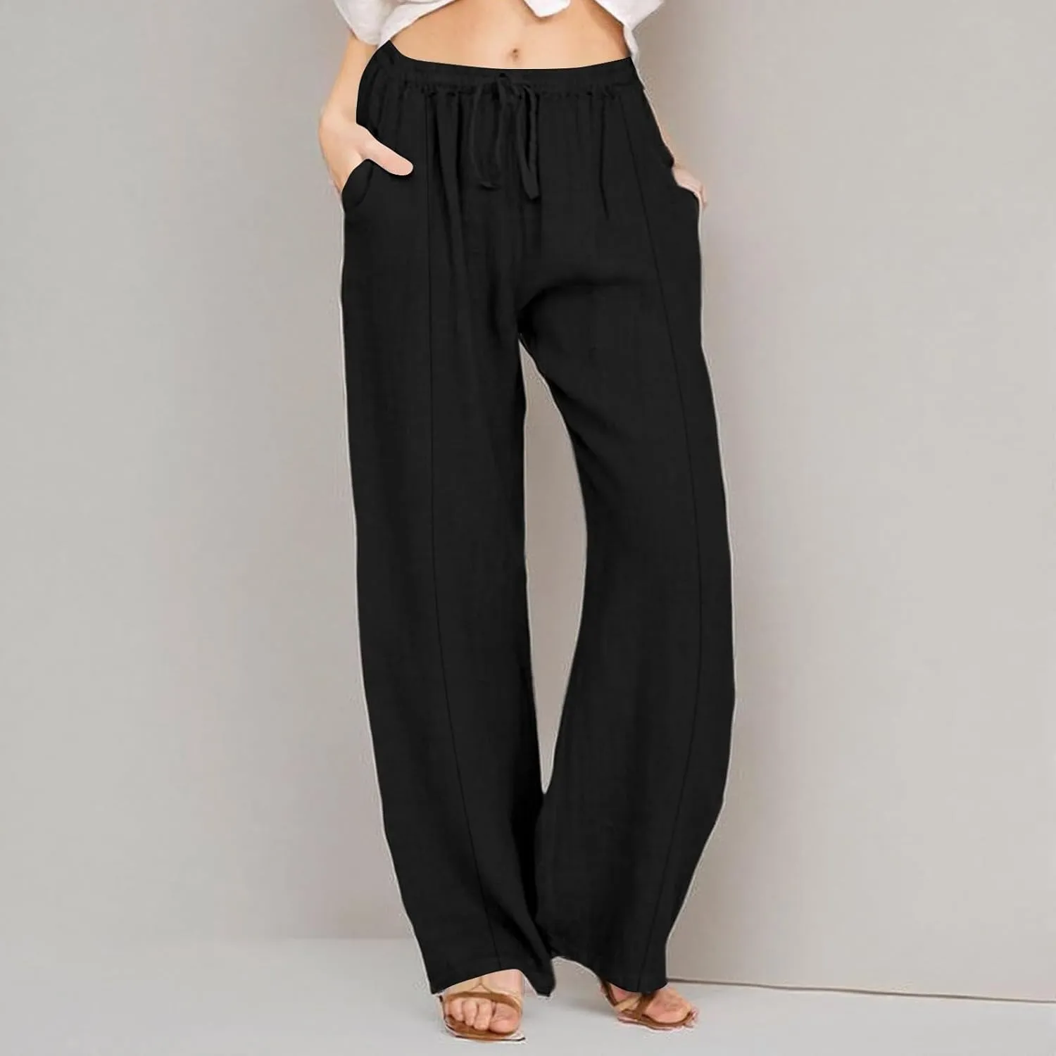 Cotton Linen Pants for Women Casual Straight Leg Trousers Drawstring High Waist Summer Wide Leg Pants with Pockets