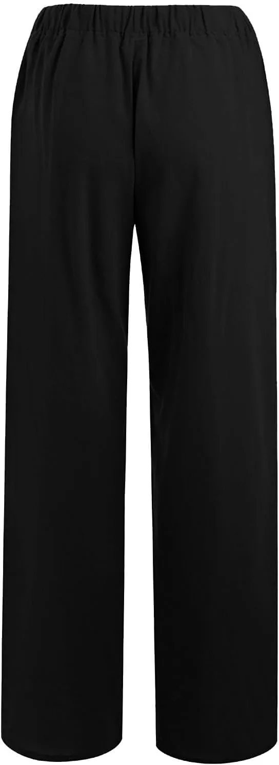 Cotton Linen Pants for Women Casual Straight Leg Trousers Drawstring High Waist Summer Wide Leg Pants with Pockets