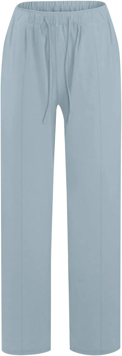 Cotton Linen Pants for Women Casual Straight Leg Trousers Drawstring High Waist Summer Wide Leg Pants with Pockets