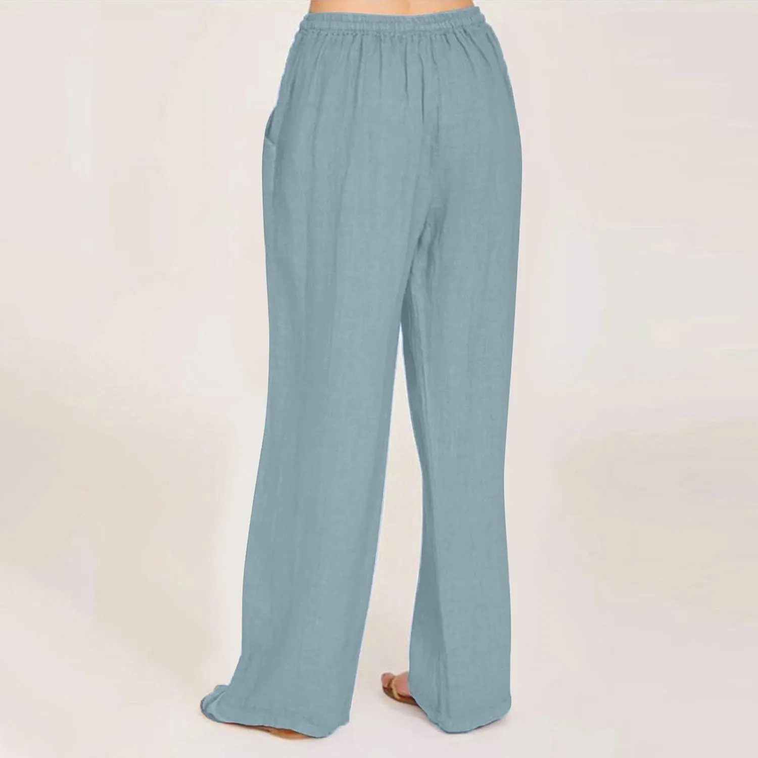 Cotton Linen Pants for Women Casual Straight Leg Trousers Drawstring High Waist Summer Wide Leg Pants with Pockets